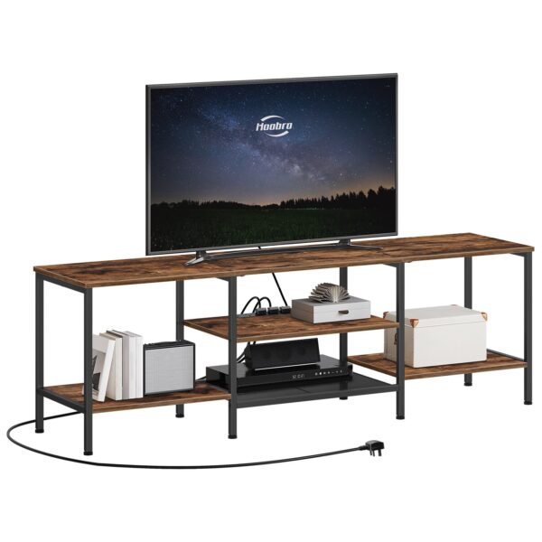 160cm TV Stand Unit, Industrial Media Entertainment Center with Power Outlets and Open Storage Shelves, Рустик Браун & Black TV Cabinet for Living Room and Bedroom