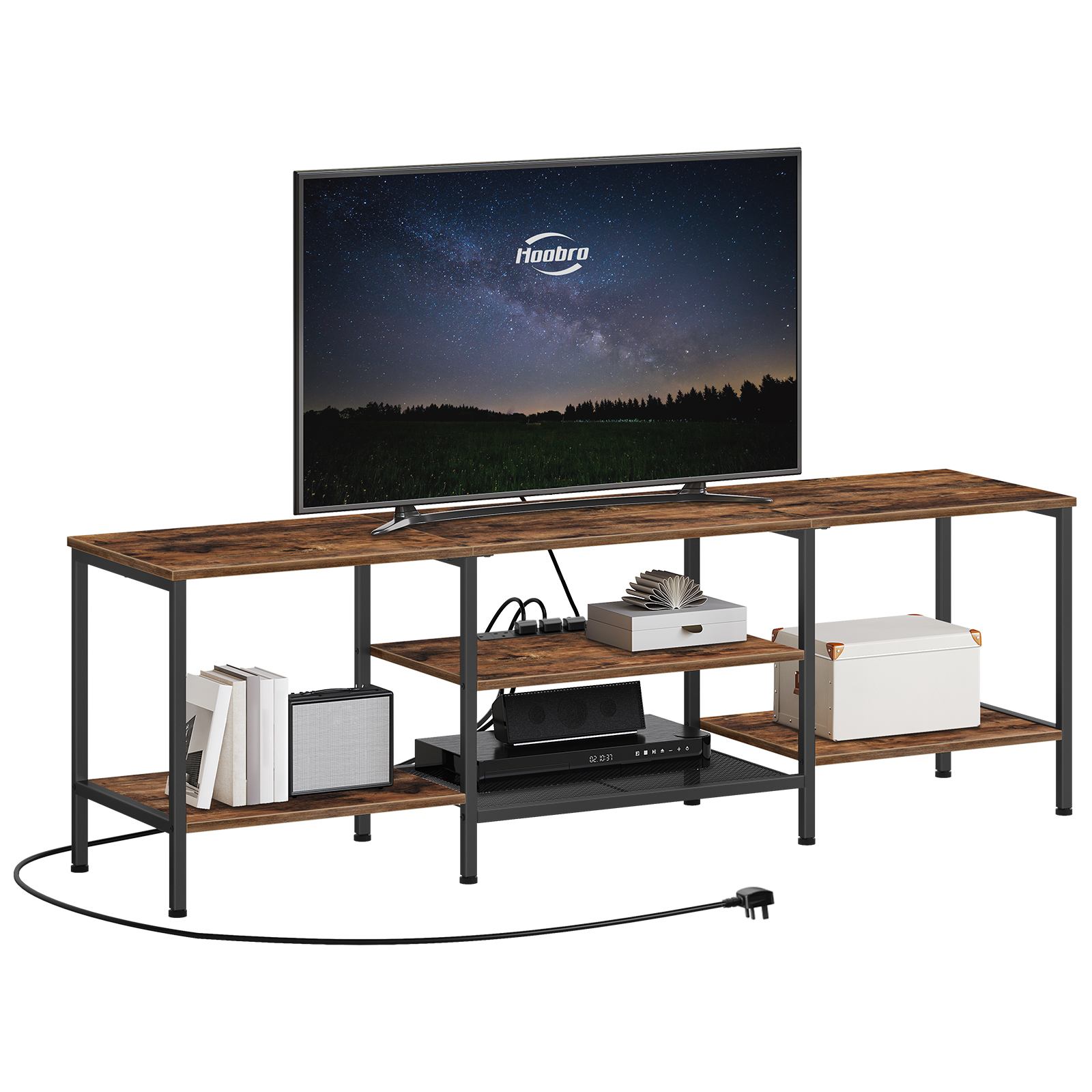 160cm TV Stand Unit, Industrial Media Entertainment Center with Power Outlets and Open Storage Shelves, Рустик Браун & Black TV Cabinet for Living Room and Bedroom