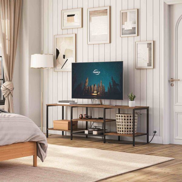 160cm TV Stand Unit, Industrial Media Entertainment Center with Power Outlets and Open Storage Shelves, Рустик Браун & Black TV Cabinet for Living Room and Bedroom