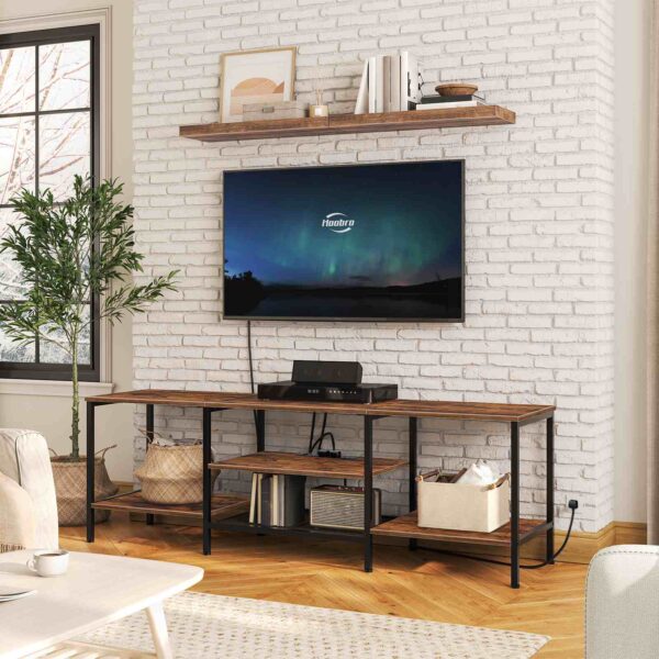 160cm TV Stand Unit, Industrial Media Entertainment Center with Power Outlets and Open Storage Shelves, Рустик Браун & Black TV Cabinet for Living Room and Bedroom