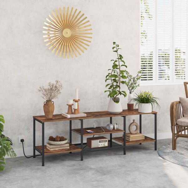 160cm TV Stand Unit, Industrial Media Entertainment Center with Power Outlets and Open Storage Shelves, Рустик Браун & Black TV Cabinet for Living Room and Bedroom