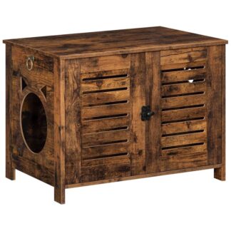 بني بني ريفي مخفي القمامة العلبة, أثاث الحيوانات الأليفة الخشبية القديمة مع أبواب مصراع مزدوجة التهوية, غسل القمامة القط الداخلي., يناسب معظم القط