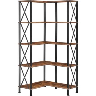 HOOBRO Corner Bookshelf, 5-Tier L -muotoinen kirjahylly, Teollisuuden avoin näytön hylly korkea varastointijärjestäjä, Pystysuora säilytysteline, olohuoneeseen, Kotitoimisto, Maalaismainen ruskea ja musta