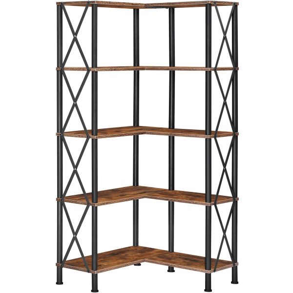 Hjørne boghylde, 5-Tier L-formet reol, Industriel åben skærmhylde Høj opbevaringsorganisator, Lodret opbevaringsstativ, til stuen, Hjemmekontor, Rustik brun og sort