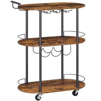 Барная тележка для дома, 3-Ярусная тележка для вина с блокируемыми колесами, Кухонная тележка на колесиках с винной стойкой и держателями для стаканов для кухни, Гостиная, Столовая, Деревенский коричневый и черный