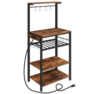Bakers Rack with Power Outlet, 4-Tier Microwave Stand with Adjustable Wine Rack, Coffee Bar with 10 S-Shaped Hooks, for Kitchen, Living Room, Dinning Room, Rustic Brown
