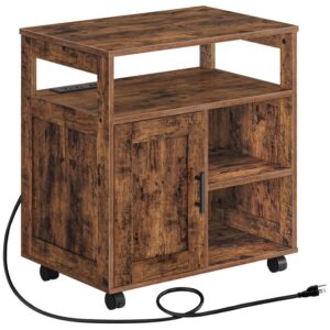 printer stand with charging station, rolling wood storage cabinet on wheels, 3 tier printer cart table for home office rustic brown