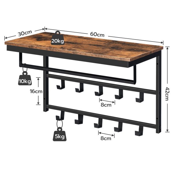 Industrial Wall-Mounted Coat Rack with Shelf, 10-Hook Storage Rack with Clothes Rail, Suitable for Hallway, Living Room, Bedroom & Bathroom