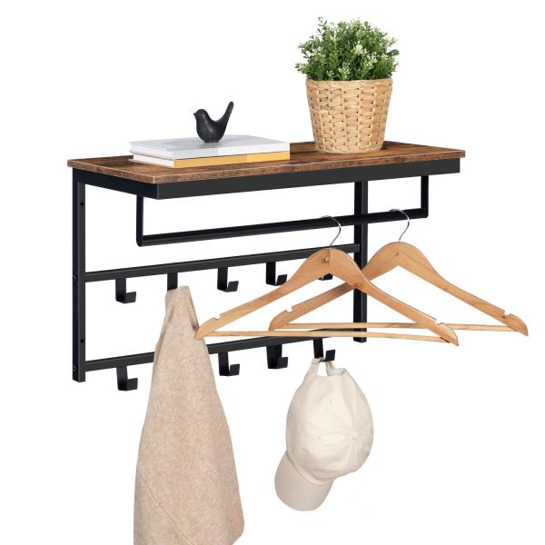 Industrial Wall-Mounted Coat Rack with Shelf, 10-Hook Storage Rack with Clothes Rail, Suitable for Hallway, Living Room, Bedroom & Bathroom