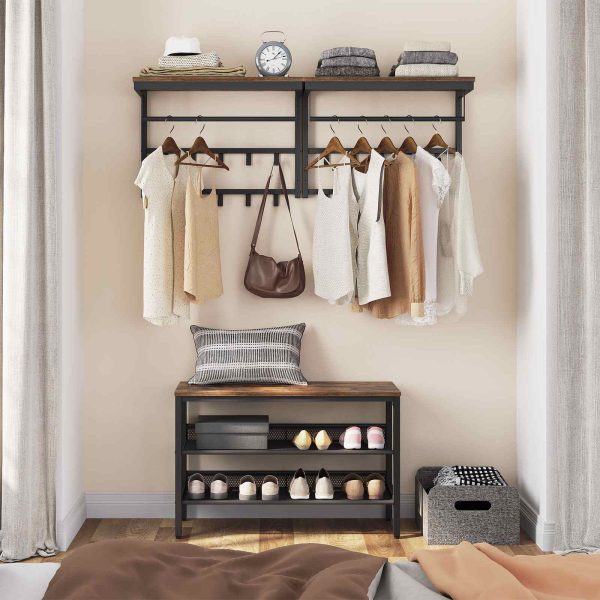 Industrial Wall-Mounted Coat Rack with Shelf, 10-Hook Storage Rack with Clothes Rail, Suitable for Hallway, Living Room, Bedroom & Bathroom