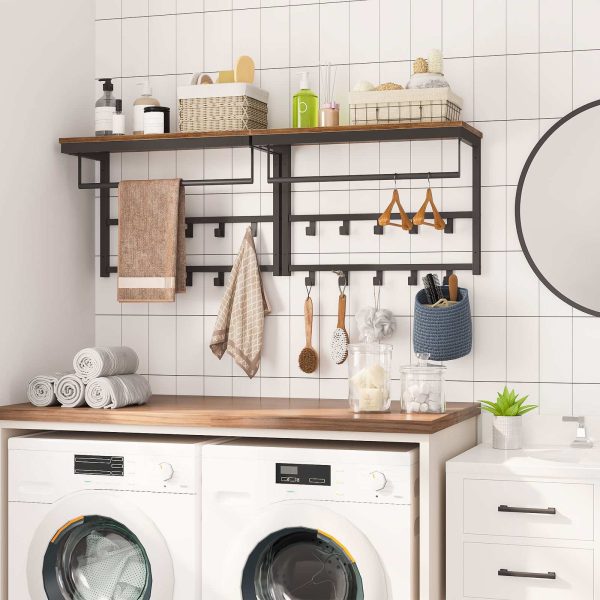 Industrial Wall-Mounted Coat Rack with Shelf, 10-Hook Storage Rack with Clothes Rail, Suitable for Hallway, Living Room, Bedroom & Bathroom