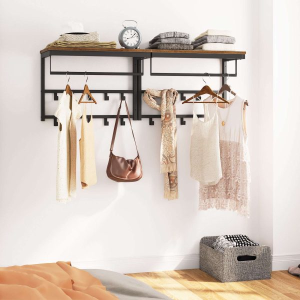 Industrial Wall-Mounted Coat Rack with Shelf, 10-Hook Storage Rack with Clothes Rail, Suitable for Hallway, Living Room, Bedroom & Bathroom