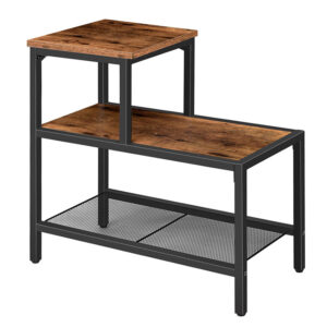 side table, 3-tier narrow nightstand with accent decorative ladder shelf, industrial sofa end table for small space in living room, bedroom, metal frame, rustic brown and black