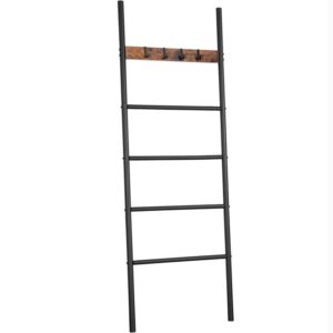 Blanket Ladder, Wall-Leaning Towel Rack, 5-Tier Ladder Shelf, Decorative Ladder with 4 Removable Hooks, for Bathroom, Metal Frame, Rustic Brown