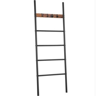 Deckenleiter, Wandmontierter Handtuchhalter, 5-Etagenleiterregal, Dekoleiter mit 4 Abnehmbare Haken, für Badezimmer, Metallrahmen, Rustikales Braun