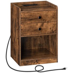 nightstand with charging station, side table with 2 drawers and open shelves, storage shelf with usb ports and outlets, for small spaces, bedroom, rustic brown