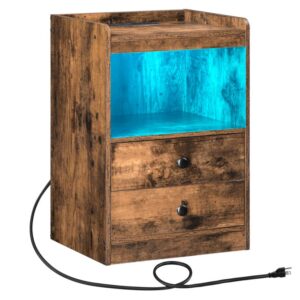 nightstand with charging station and led light, end table with drawers and storage shelf, side table with usb ports and outlets, for small space, bedroom, rustic brown