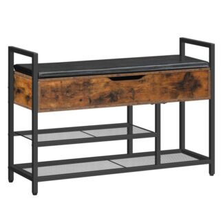 Schuhbank, Eingangsbank mit hochklappbarer Aufbewahrungsbox, 2-Etagen-Schuhregal-Aufbewahrungsbank mit Kissen für den Eingangsbereich, Wohnzimmer, Schlafzimmer, Flur, Schwarz und rustikalbraun