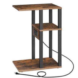 طاولة جانبية على شكل C مع محطة شحن, طاولة جانبية صغيرة مع 2 منافذ USB ومخرج واحد, طاولة صينية التلفاز, طاولة أريكة للمساحات الصغيرة, غرفة الجلوس, غرفة نوم, ريفي البني والأسود