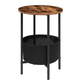 round side table with removable and washable storage basket, industrial end table, wood look accent nightstand for small spaces, living room and bedroom, easy assembly, rustic brown