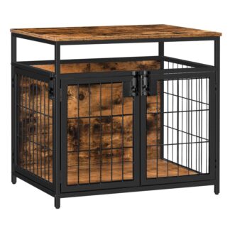dog crate furniture, wooden dog crate table, dog kennels with 3 doors indoor, decorative mesh pet crate end table for medium/small dog, chew-resistant dog house, rustic brown and black