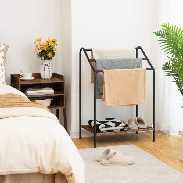 حامل مناشف قائم بذاته مكون من 3 طبقات, ريفي براون & تجفيف متعدد الوظائف باللون الأسود & رف العرض, مناسبة للحمام, غرفة الجلوس, غرفة نوم