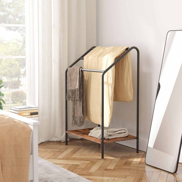 حامل مناشف قائم بذاته مكون من 3 طبقات, ريفي براون & تجفيف متعدد الوظائف باللون الأسود & رف العرض, مناسبة للحمام, غرفة الجلوس, غرفة نوم