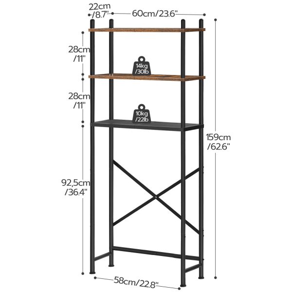 3-Lagringsorganer for frittstående over-toalett, Plassbesparende baderomshylle med justerbare føtter, Verktøyfri montering, Rustikk brun & Svart