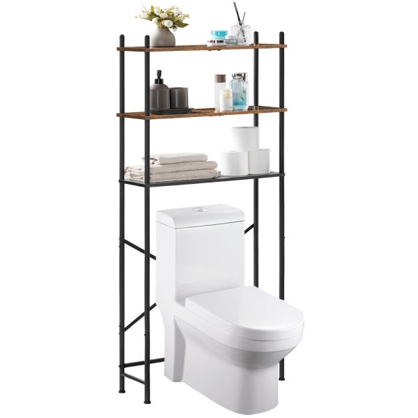 3-Lagringsorganer for frittstående over-toalett, Plassbesparende baderomshylle med justerbare føtter, Verktøyfri montering, Rustikk brun & Svart