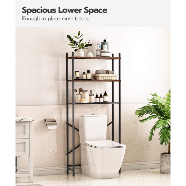 3-Lagringsorganer for frittstående over-toalett, Plassbesparende baderomshylle med justerbare føtter, Verktøyfri montering, Rustikk brun & Svart