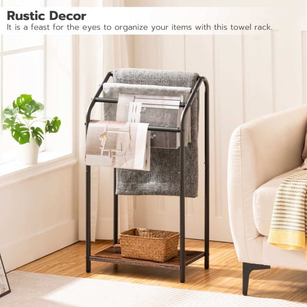 Fritstående håndklædestativ, 4-Niveau tæppe stativ, Multifunktionel tørring & Displaystativ til håndklæder, Dyner & Toiletartikler, Velegnet til badeværelse, Stue, Soveværelse & Køkken, Rustik brun & Sort