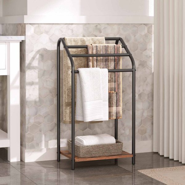 Fritstående håndklædestativ, 4-Niveau tæppe stativ, Multifunktionel tørring & Displaystativ til håndklæder, Dyner & Toiletartikler, Velegnet til badeværelse, Stue, Soveværelse & Køkken, Rustik brun & Sort