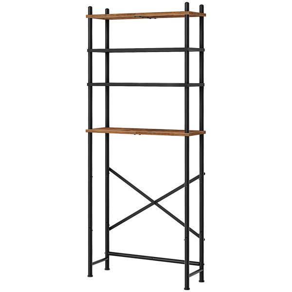 4-Tier Freestanding Over-The-Toilet Storage Organizer, Space-Saving Above-Toilet Shelf with Adjustable Feet, Easy Assembly, Rustic Brown and Black