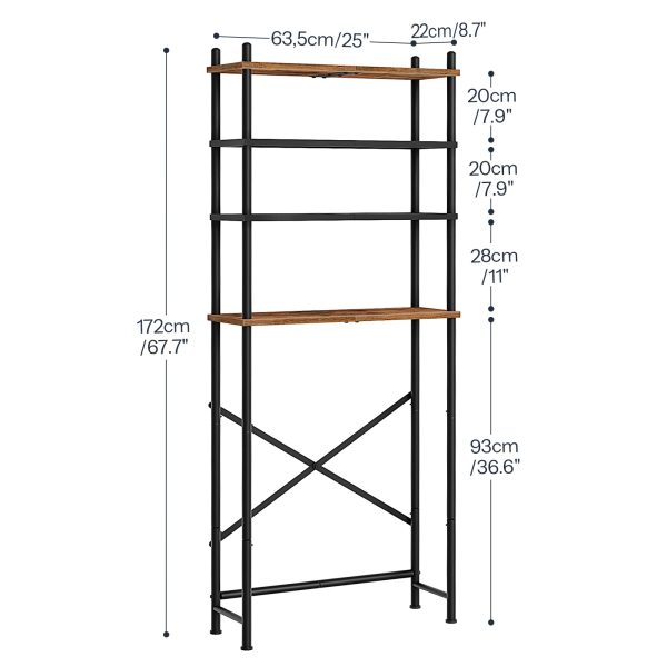 4-Tier Freestanding Over-The-Toilet Storage Organizer, Space-Saving Above-Toilet Shelf with Adjustable Feet, Easy Assembly, Rustic Brown and Black