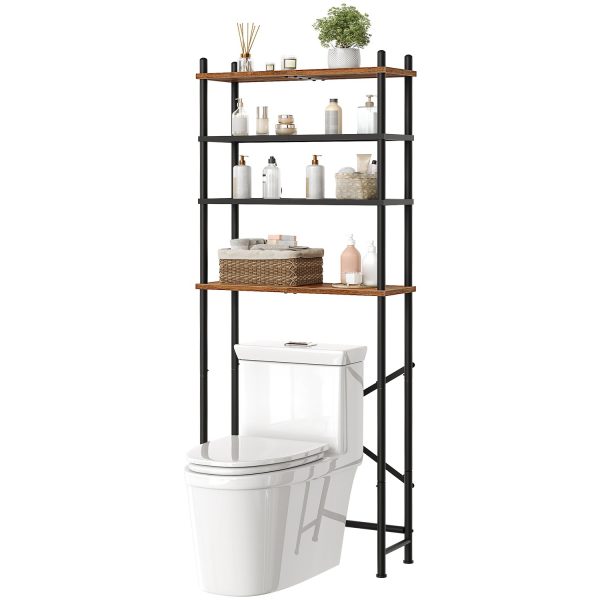 4-Tier Freestanding Over-The-Toilet Storage Organizer, Space-Saving Above-Toilet Shelf with Adjustable Feet, Easy Assembly, Rustic Brown and Black