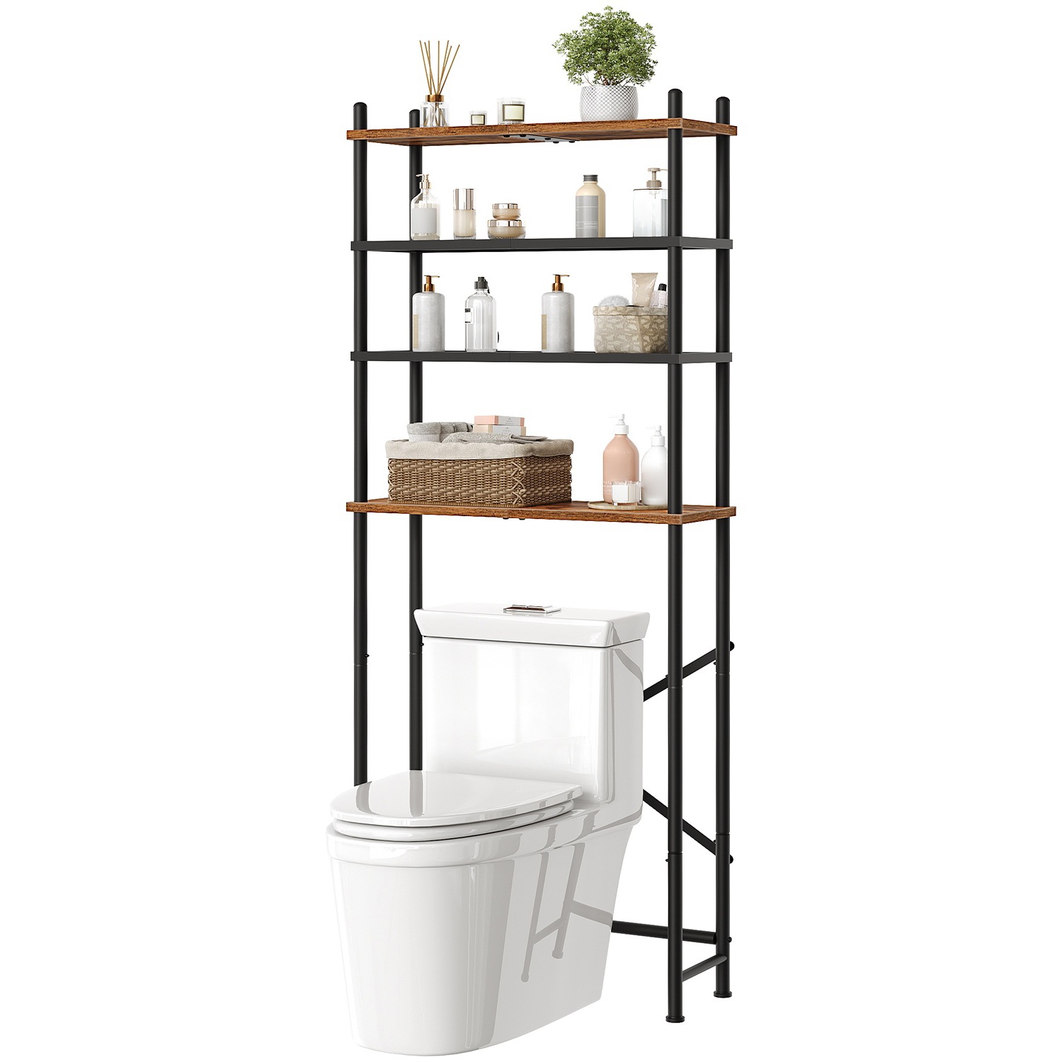 4-Tier Freestanding Over-The-Toilet Storage Organizer, Space-Saving Above-Toilet Shelf with Adjustable Feet, Easy Assembly, Rustic Brown and Black