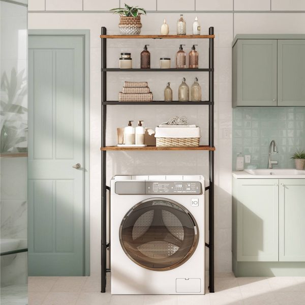 4-Tier Freestanding Over-The-Toilet Storage Organizer, Space-Saving Above-Toilet Shelf with Adjustable Feet, Easy Assembly, Rustic Brown and Black