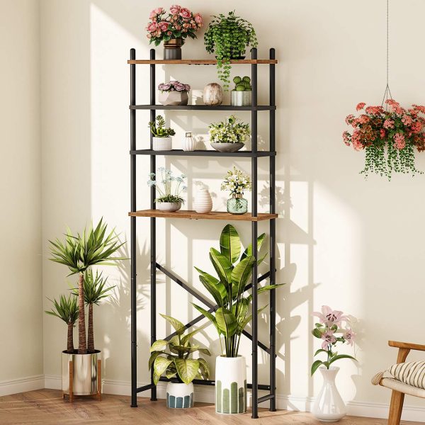 4-Tier Freestanding Over-The-Toilet Storage Organizer, Space-Saving Above-Toilet Shelf with Adjustable Feet, Easy Assembly, Rustic Brown and Black