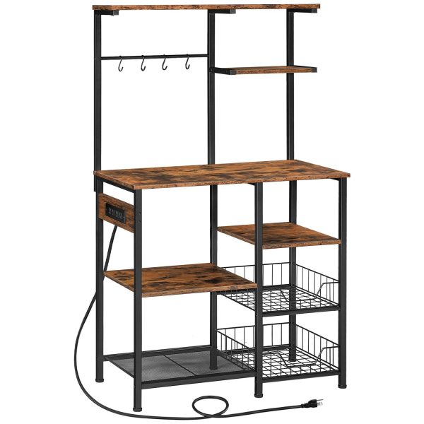 Large Bakers Rack with Power Outlets, 6-Tier Microwave Stand with 4 Hooks, Coffee Bar, Kitchen Shelf with Wire Basket, for Kitchen, Living Room, Office, Rustic Brown and Black