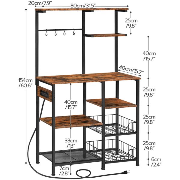 Large Bakers Rack with Power Outlets, 6-Tier Microwave Stand with 4 Hooks, Coffee Bar, Kitchen Shelf with Wire Basket, for Kitchen, Living Room, Office, Rustic Brown and Black
