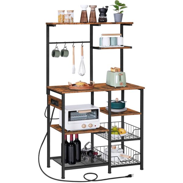 Large Bakers Rack with Power Outlets, 6-Tier Microwave Stand with 4 Hooks, Coffee Bar, Kitchen Shelf with Wire Basket, for Kitchen, Living Room, Office, Rustic Brown and Black