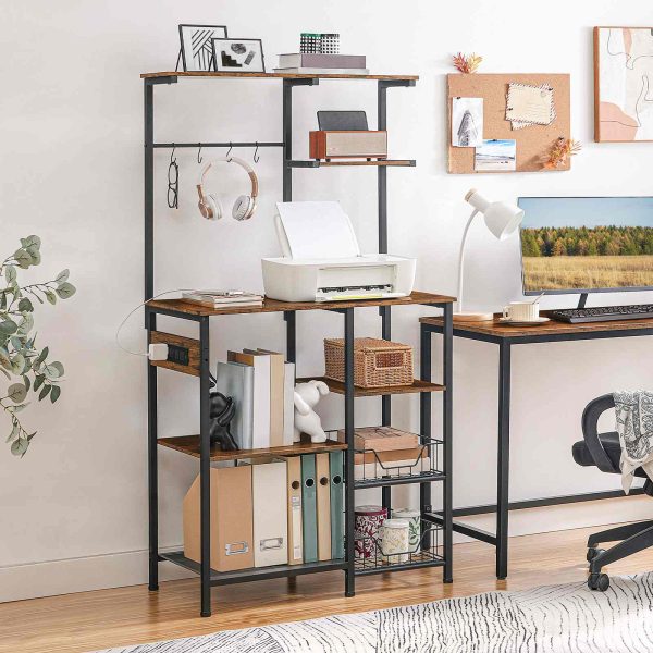Large Bakers Rack with Power Outlets, 6-Tier Microwave Stand with 4 Hooks, Coffee Bar, Kitchen Shelf with Wire Basket, for Kitchen, Living Room, Office, Rustic Brown and Black