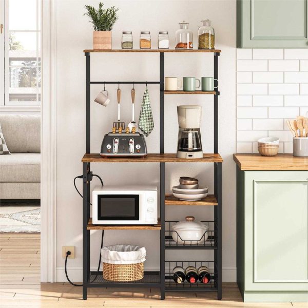 Large Bakers Rack with Power Outlets, 6-Tier Microwave Stand with 4 Hooks, Coffee Bar, Kitchen Shelf with Wire Basket, for Kitchen, Living Room, Office, Rustic Brown and Black
