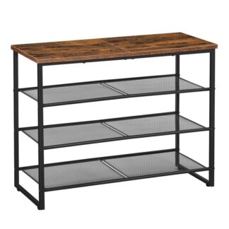 4 Sapateira de nível, Organizador de armazenamento de sapatos, Prateleira para sapatos com 3 Prateleiras de malha, Segurar 12-15 Pares de sapatos, Móveis com detalhes em madeira e estrutura de metal, para entrada, Sala de estar, Corredor