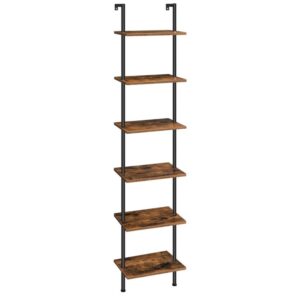 DIY Ladder Shelf, 6-Tier Wooden Wall Mounted Bookshelf, Narrow Bookcase, Display Shelf, Storage Rack, Plant Stand, for Living Room, Bedroom, Study, Balcony, Rustic Brown and Black