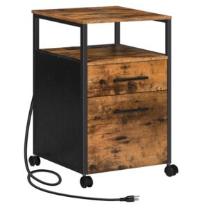 2 Drawers File Cabinet, Filing Cabinet with Charging Station, Office Cabinet with Open Shelf, Wheels, Hanging File Folders, for A4, Letter Size, Home Office, Rustic Brown