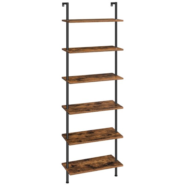 Scaffale a scala a parete a 6 livelli fai-da-te, Libreria verticale in legno & Scaffali di stoccaggio, Adatto per l'ufficio di casa, Camera da letto, Marrone rustico & Nero