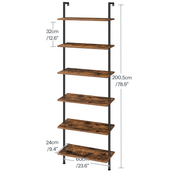 Scaffale a scala a parete a 6 livelli fai-da-te, Libreria verticale in legno & Scaffali di stoccaggio, Adatto per l'ufficio di casa, Camera da letto, Marrone rustico & Nero