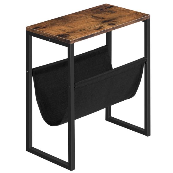 Rustic Brown & Black Slim Side Table with Linen Storage Sling, Compact Accent Table for Small Spaces, Suitable for Bedroom, Living Room and Office, Modern Style