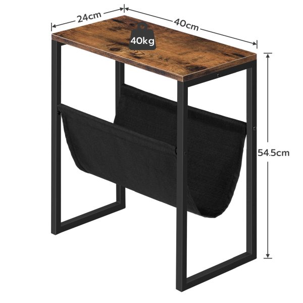 Rustic Brown & Black Slim Side Table with Linen Storage Sling, Compact Accent Table for Small Spaces, Suitable for Bedroom, Living Room and Office, Modern Style